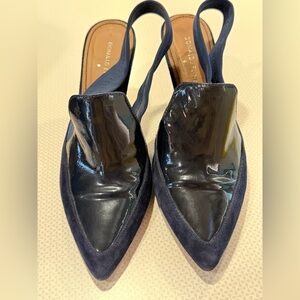 Donald J. Pliner Navy Patent and Suede Pointed Slingback Mules